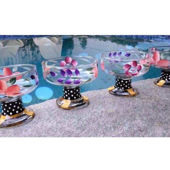 Whimsical Set of 4 Hand Painted Flowers Glass Dessert, Compote, Ice Cream Bowls - Picture 5 of 10